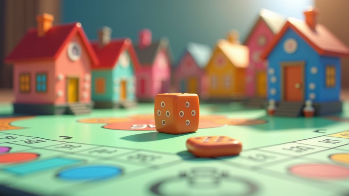Casas y dados coloridos estilo Monopoly en un tablero animado.