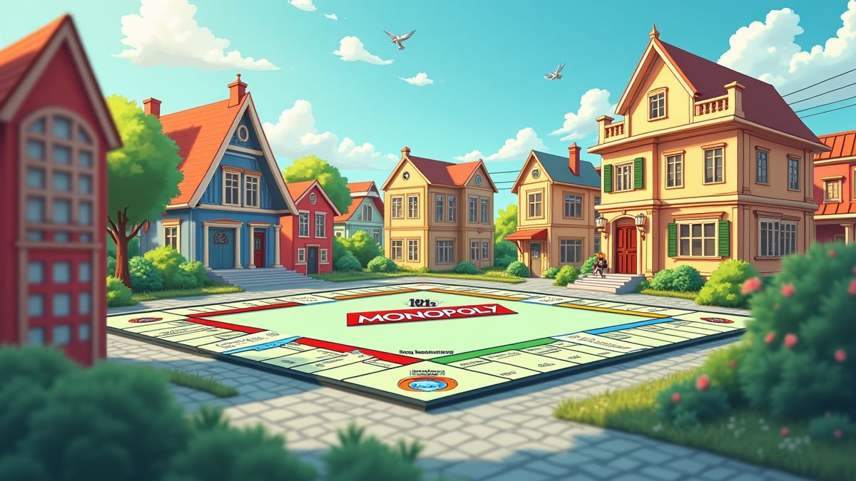 Tabuleiro de Monopoly animado com casas e hotéis.