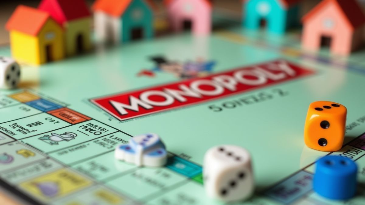 Tablero de Monopoly con casas y hoteles coloridos, rodeado de dados y fichas.