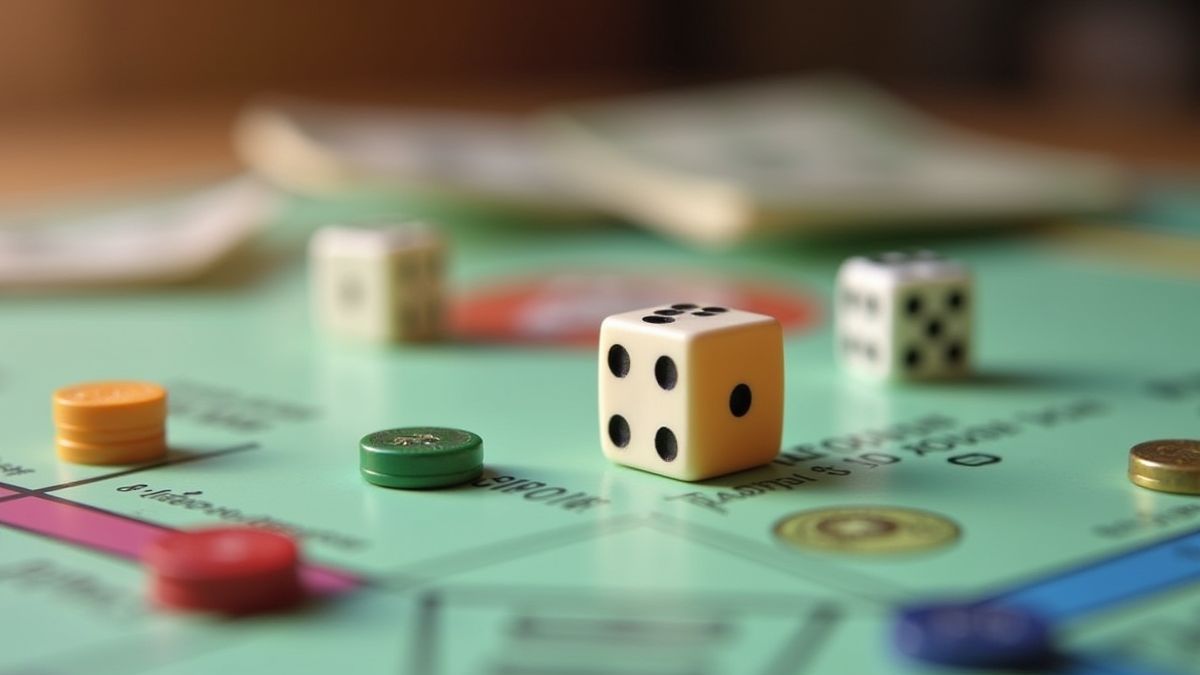 Dados rodando en un tablero de Monopoly, rodeados de fichas y premios en efectivo.