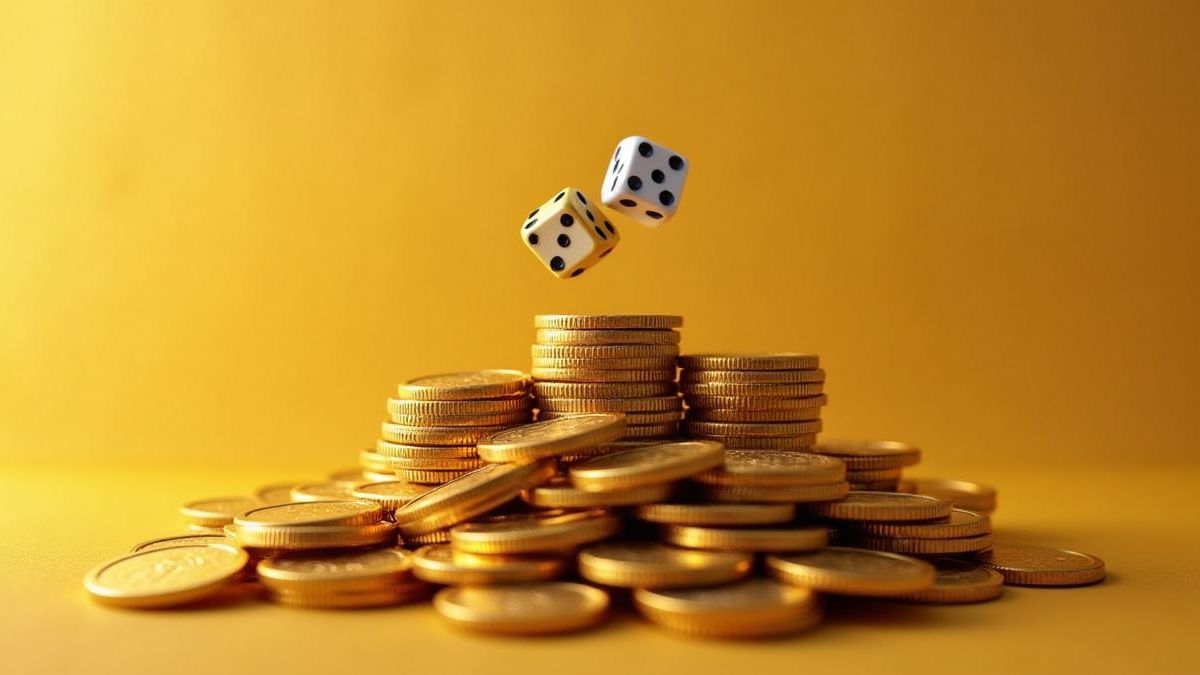 Montón de monedas doradas con una ficha de Monopoly y dados encima.