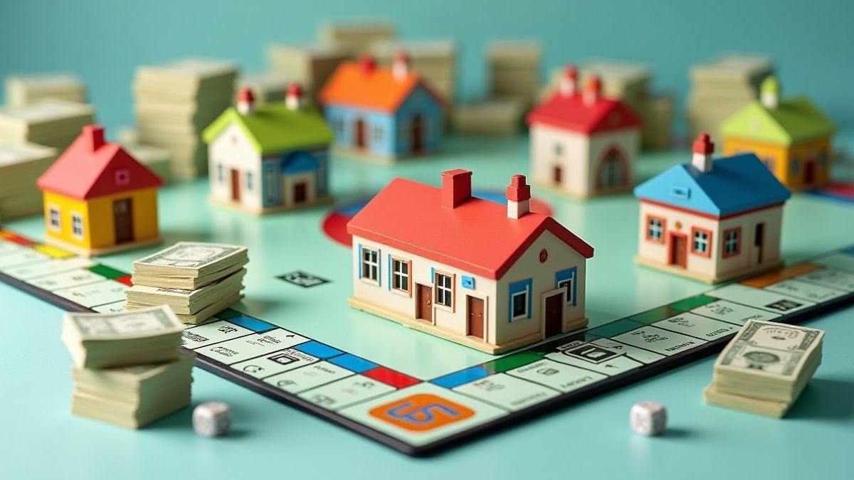 Plateau de Monopoly avec des maisons et des hôtels entourés d'argent et de dés.
