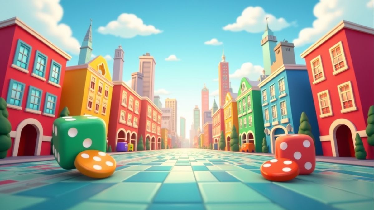 Ville thématique de Monopoly avec des bâtiments colorés et des éléments vibrants.