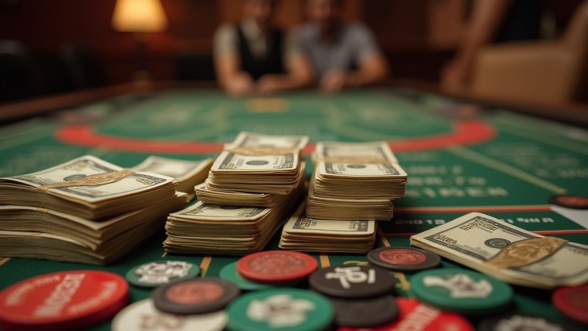 Montons d'argent et jetons de Monopoly sur une table de casino.
