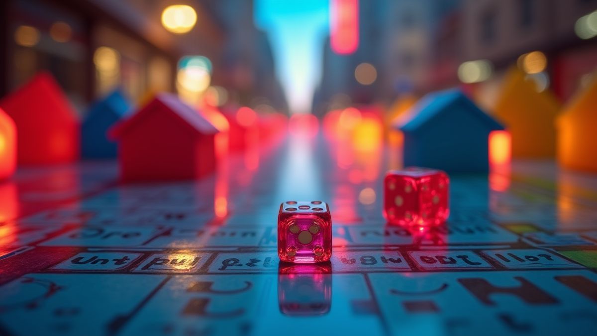 Tablero de Monopoly con casas y dados iluminados.