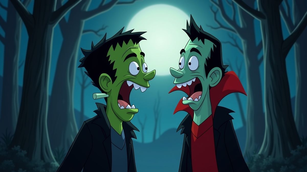 Frankenstein und Dracula lachen gemeinsam in einem gruseligen Wald.