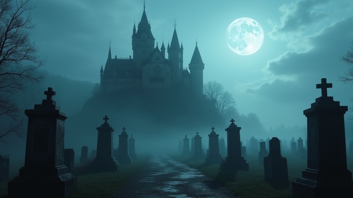A Transylvanian castle surrounded by mist and tombstones.