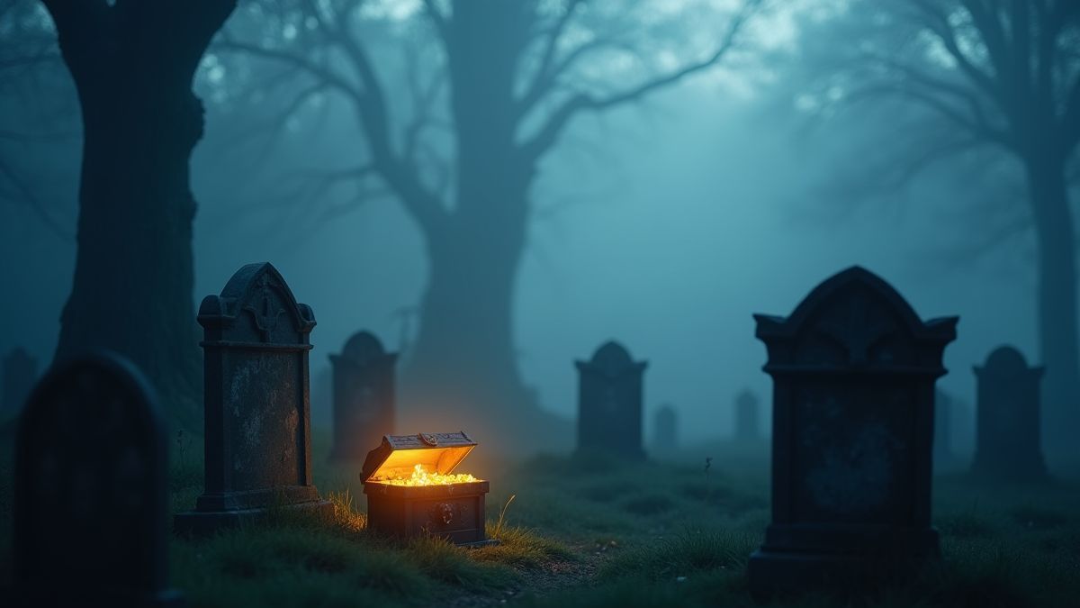 A dark cemetery with a shining treasure chest.