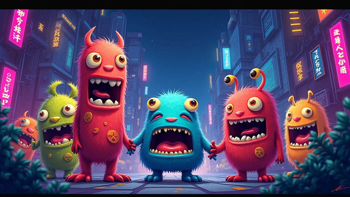 Bunte Monster in einer futuristischen, beleuchteten Stadt.