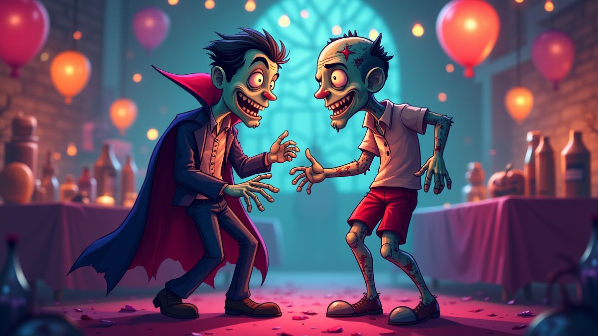 Vampire et zombie dansant lors d'une fête animée