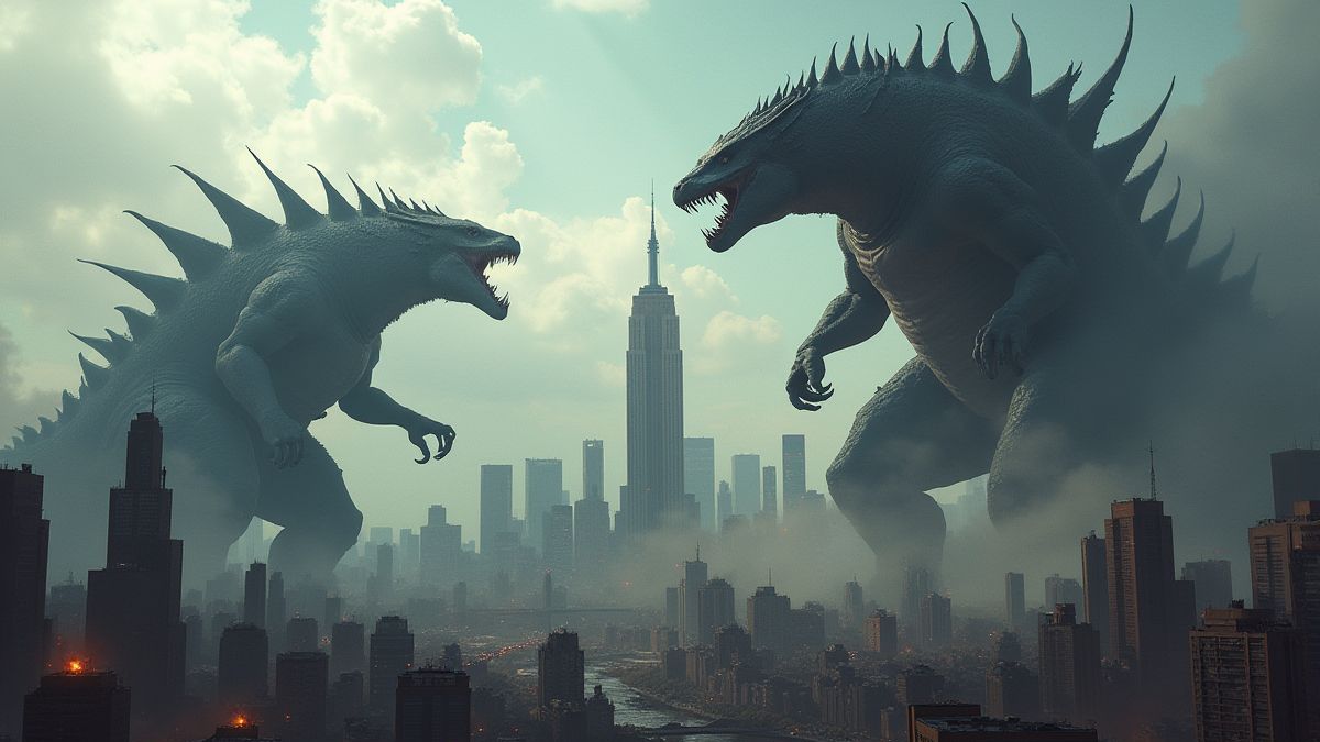 Dos monstruos gigantes atacando una ciudad llena de rascacielos.