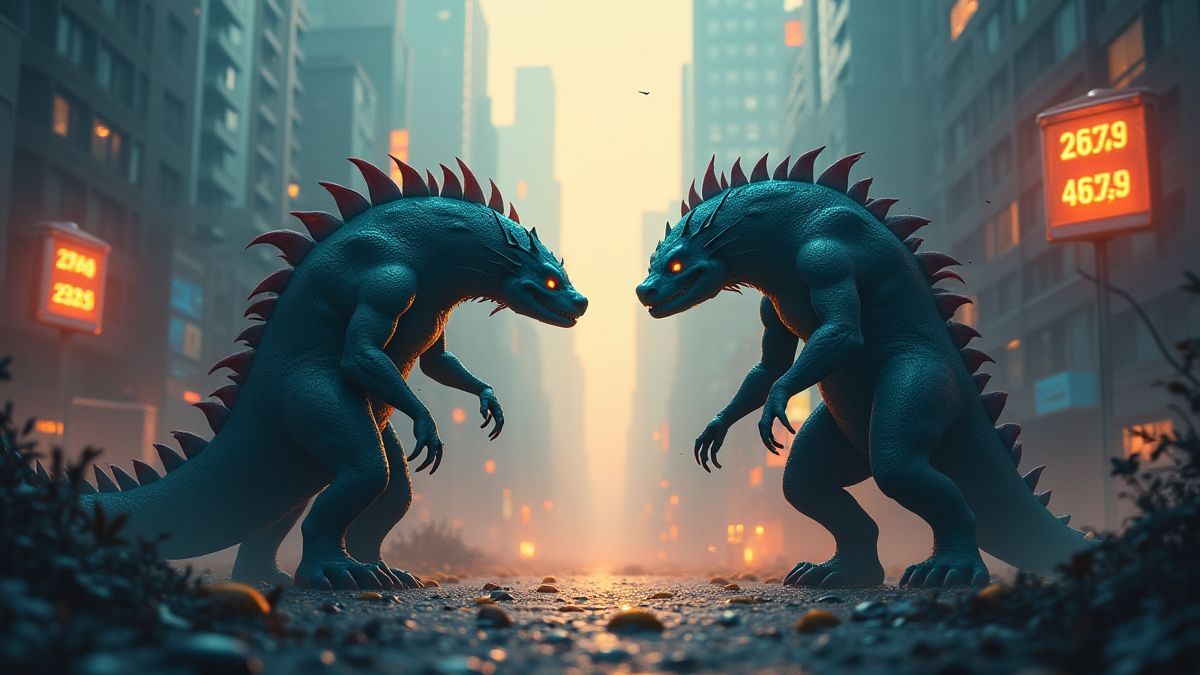 Dos monstruos en extremos opuestos de la ciudad con multiplicadores flotando.