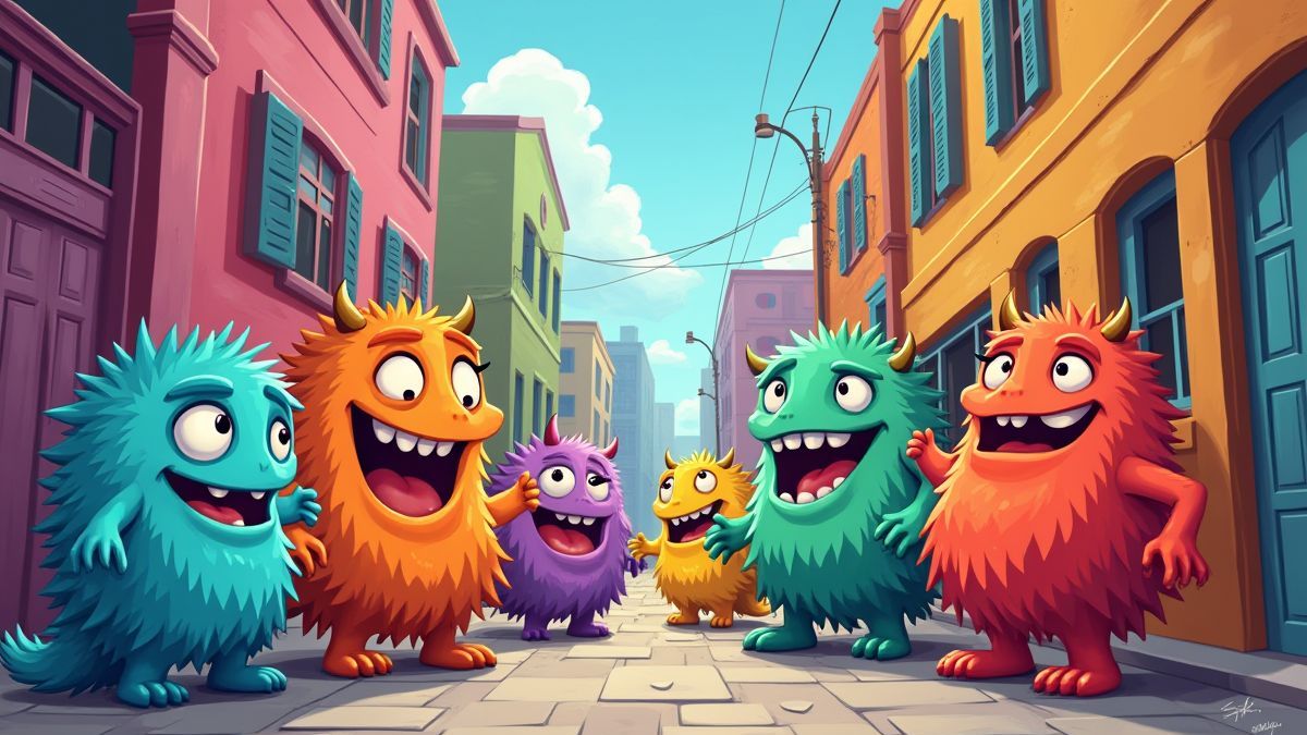 Monstruos animados riendo y jugando en un entorno urbano colorido.