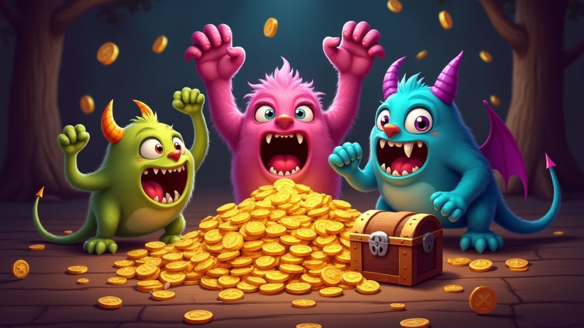 Monstruos celebrando alrededor de montones de monedas de oro y cofres del tesoro.