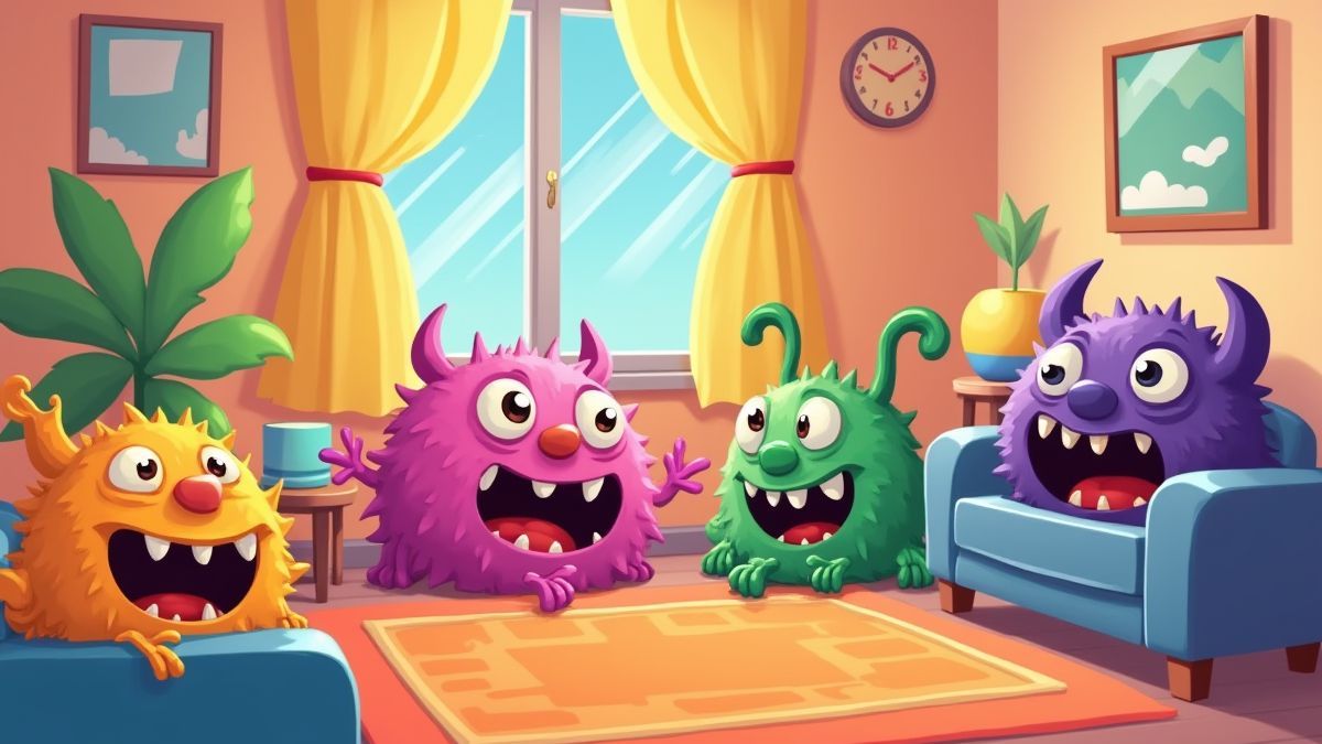 Monsters verstoppen zich achter meubels in een kleurrijke kamer.