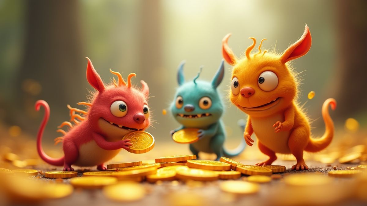 Kleine en schattige monsters die met gouden munten spelen.