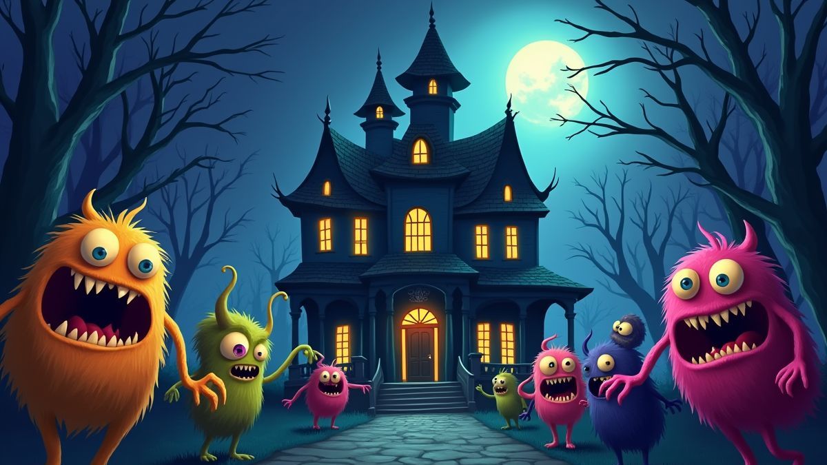 Een betoverde mansion omringd door kleurrijke monsters.