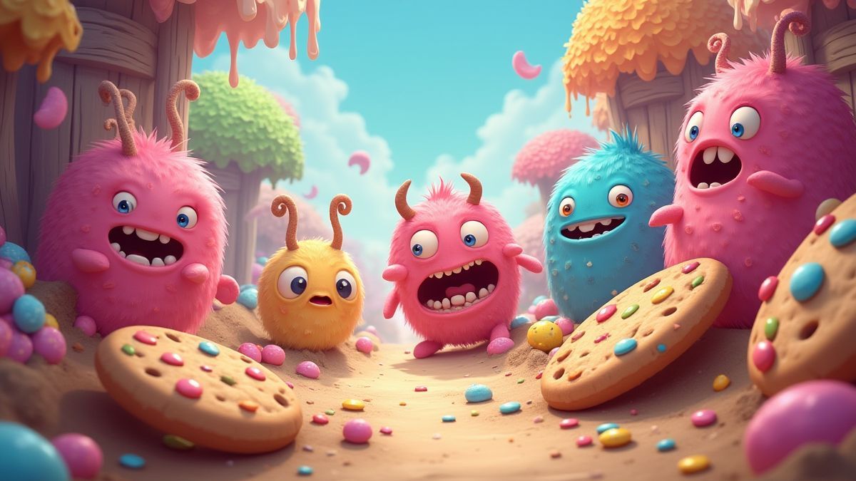 Een wereld van snoep vol animated monsters en koekjes.