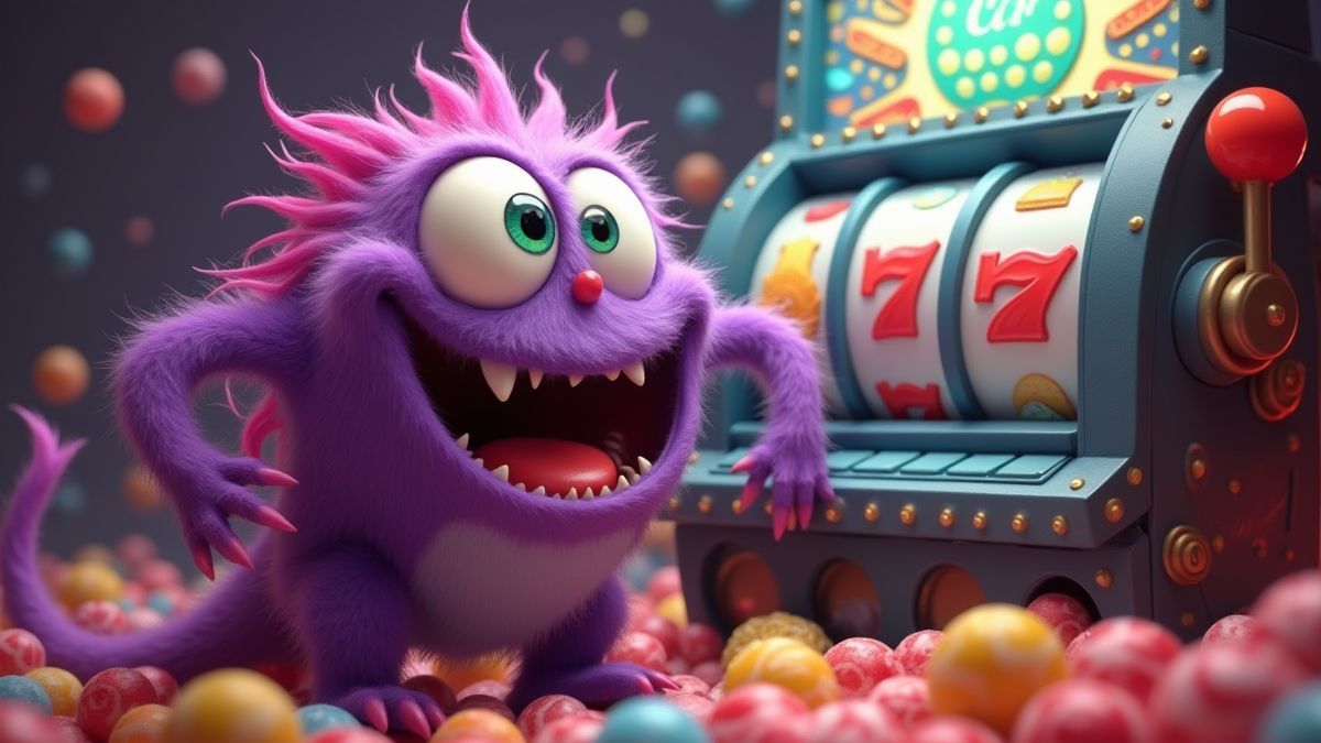 Een speels monster dat een gokkast draait, omringd door snoep.