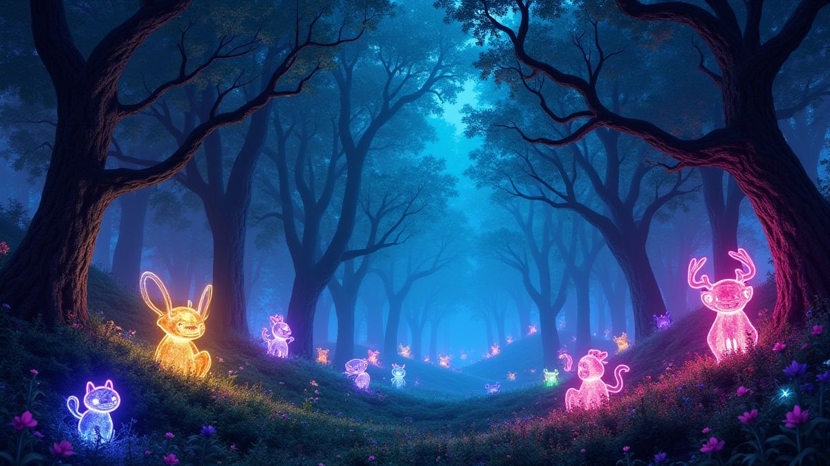 A magical forest filled with colorful creatures and neon lights.