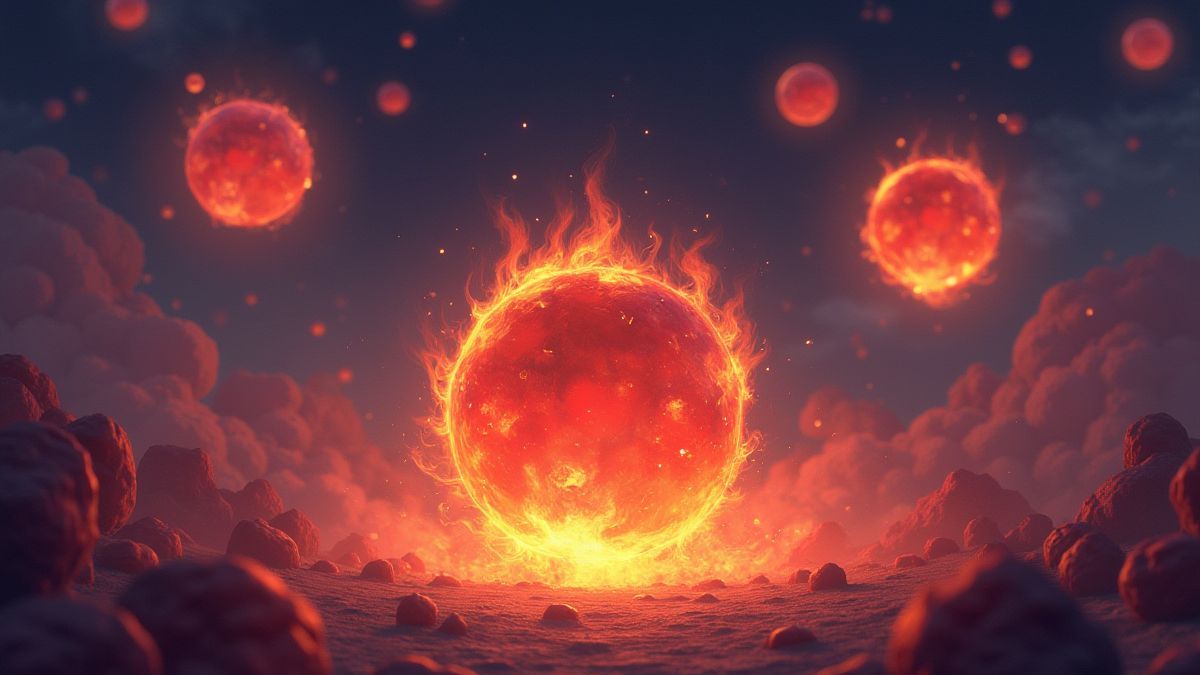 Magic spheres floating with a fiery glow.
