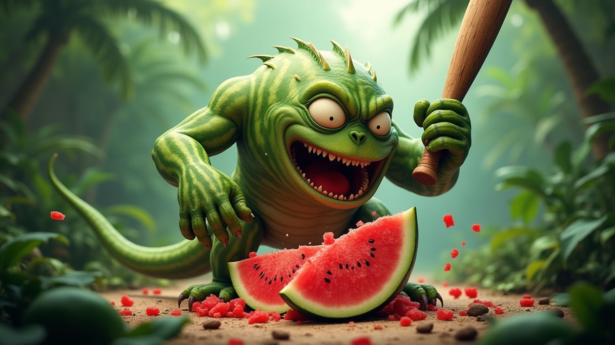 Un monstre animé écrasant une pastèque avec un bâton de baseball dans une jungle tropicale.