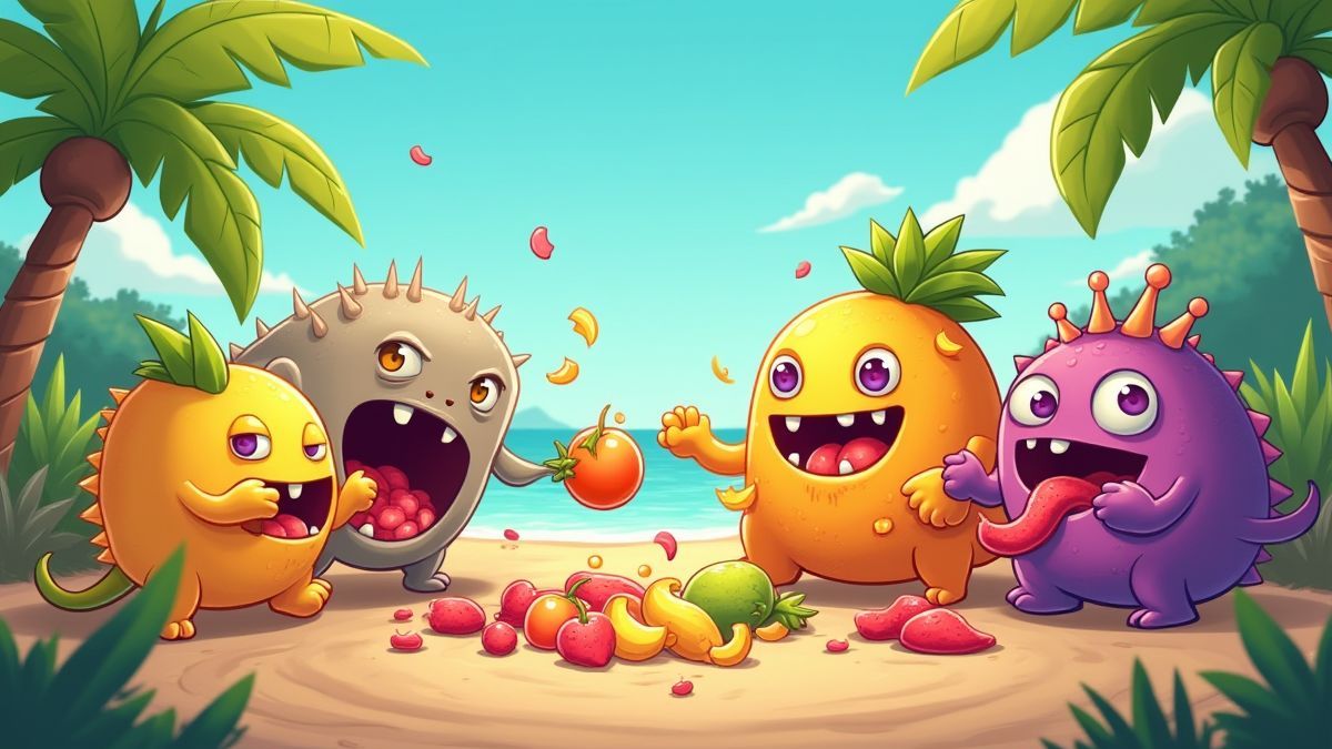 Un environnement tropical avec des monstres animés écrasant des fruits colorés.