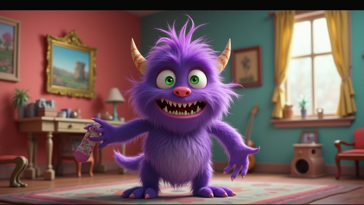 Een monster dat gestolen sokken vasthoudt in een kleurrijke kamer.