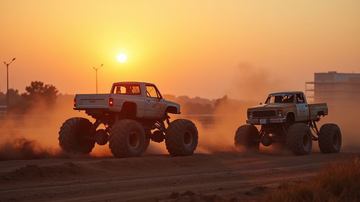 Pista de tierra con camiones monstruo bajo el atardecer.