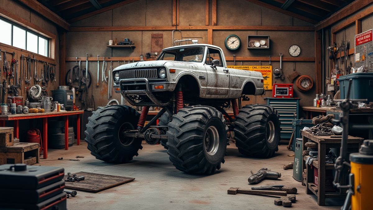 Garaje de mecánico con herramientas y piezas de camión monstruo.