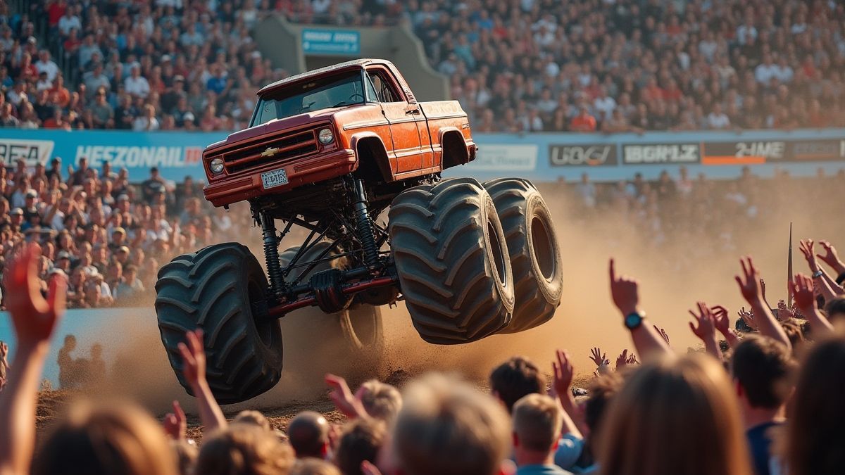 Multitudes animadas viendo camiones monstruo saltar obstáculos.
