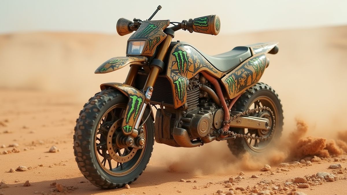 Moto de motocross personalizada com temática de monstros no deserto.