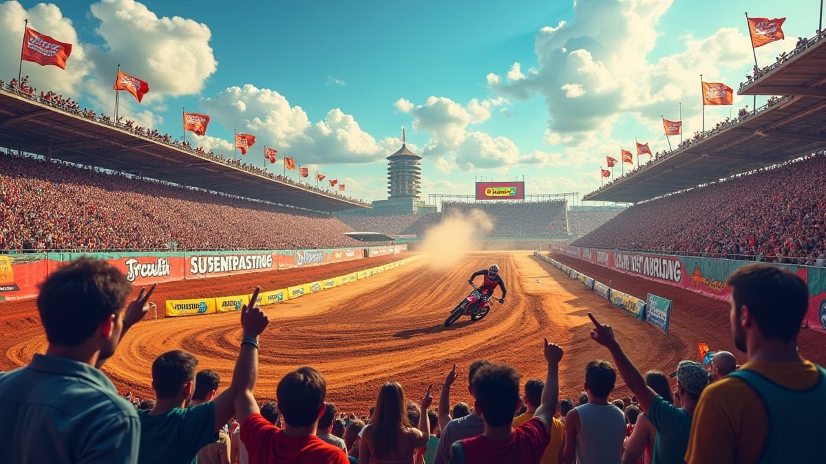 Pista de motocross com monstros animados como público emocionado.
