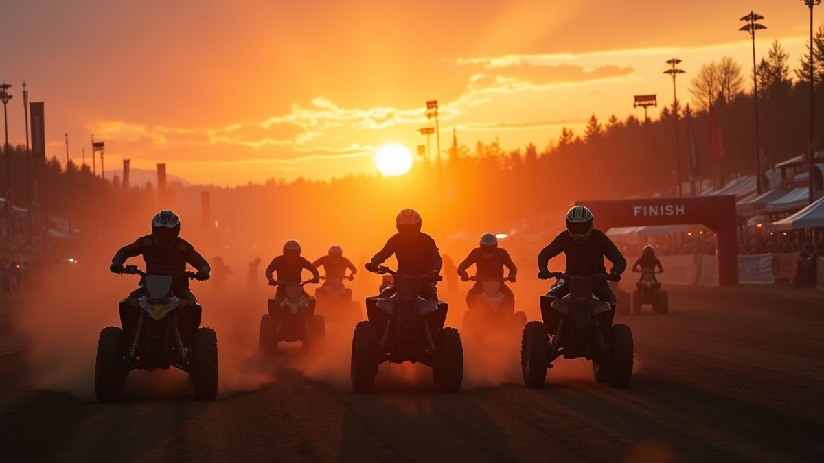 Vista ao pôr do sol de uma corrida de motocross com monstros cruzando a linha de chegada.