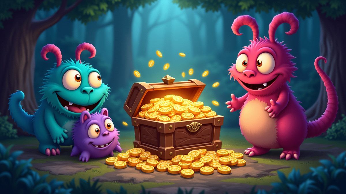 Ein Schatz umgeben von bunten Monstern in einem magischen Wald.