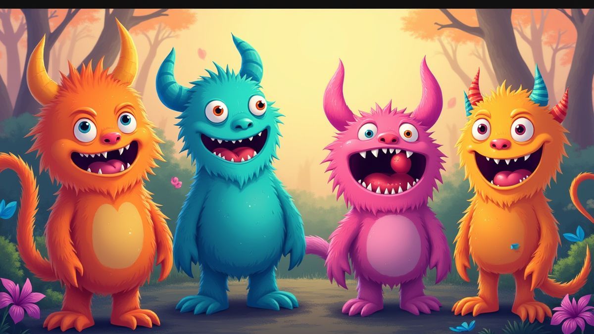 Bunte und skurrile Monster vor einem magischen Hintergrund.