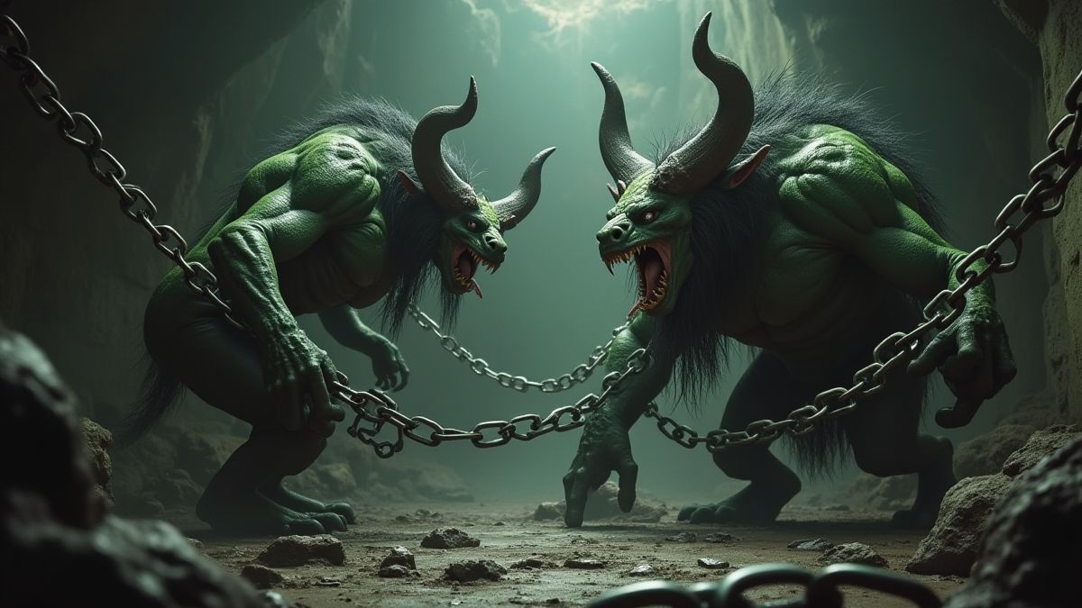 Monstruos mitológicos rodeados de cadenas en un entorno de mazmorra.