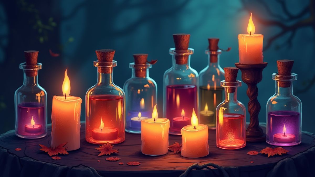 Velas parpadeantes e frascos mágicos em uma atmosfera misteriosa.