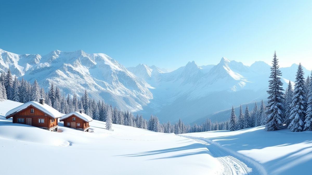Paisaje montañoso nevado con cabañas de madera y árboles de pino.