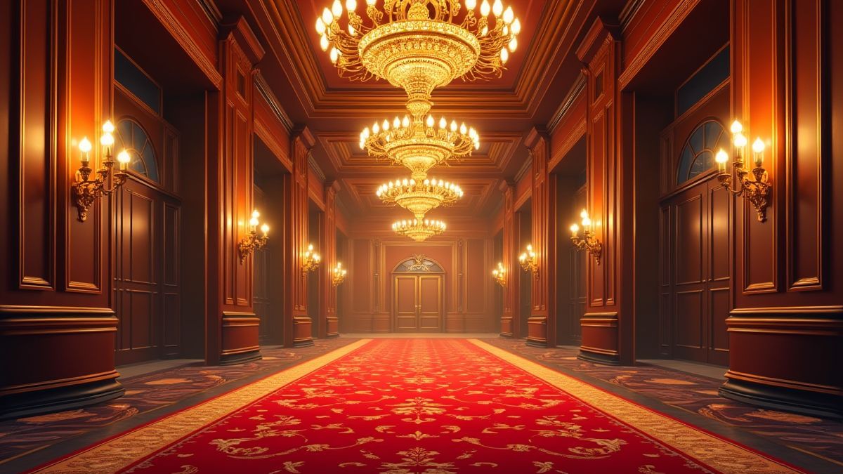 Entrada de um cassino de luxo com lâmpadas douradas e carpetes de veludo