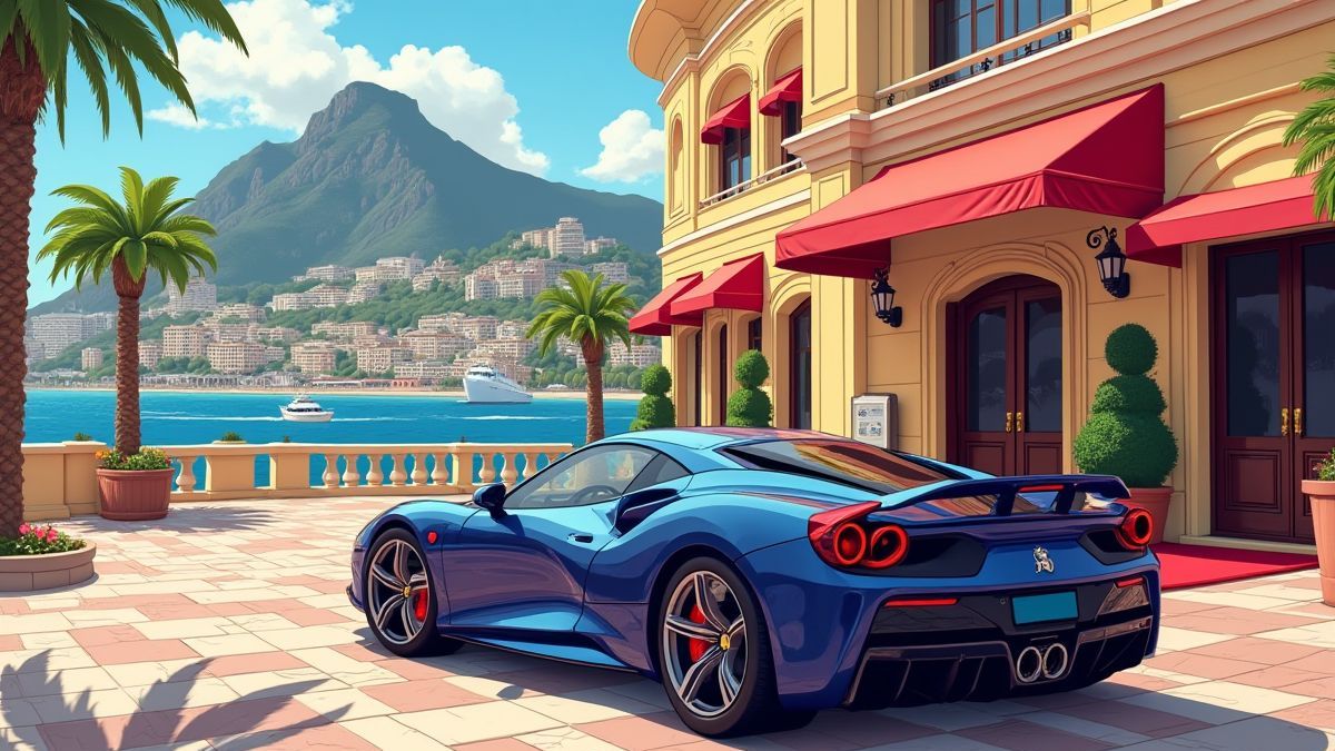Carro esportivo estacionado em frente a um cassino de luxo em Monte Carlo