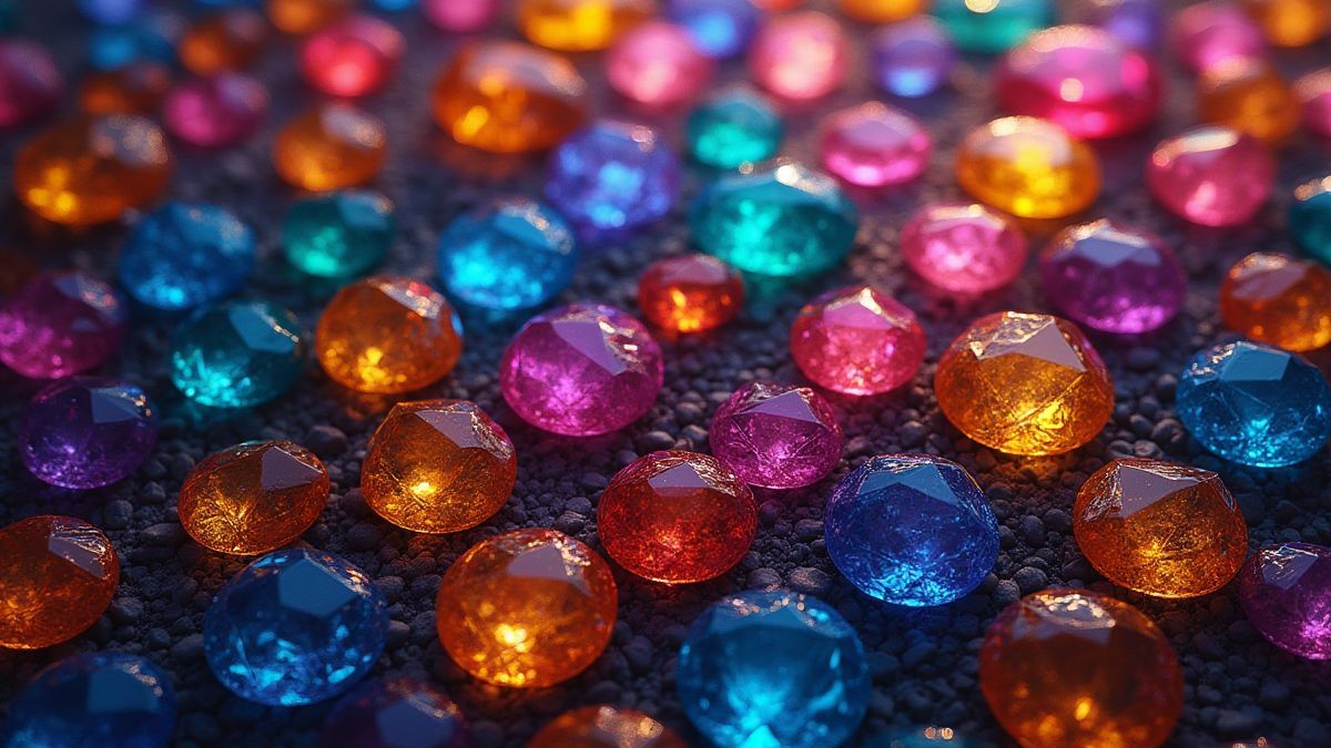 A diamond-shaped grid design filled with colorful jewels.