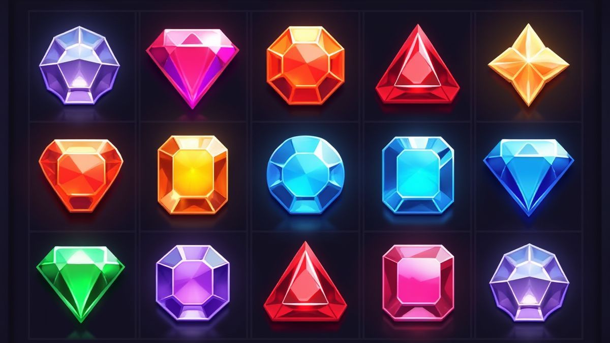 Colorful gem symbols on a slot grid.