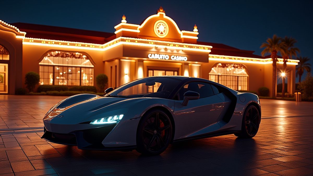 Coche deportivo de lujo frente a un casino glamuroso.