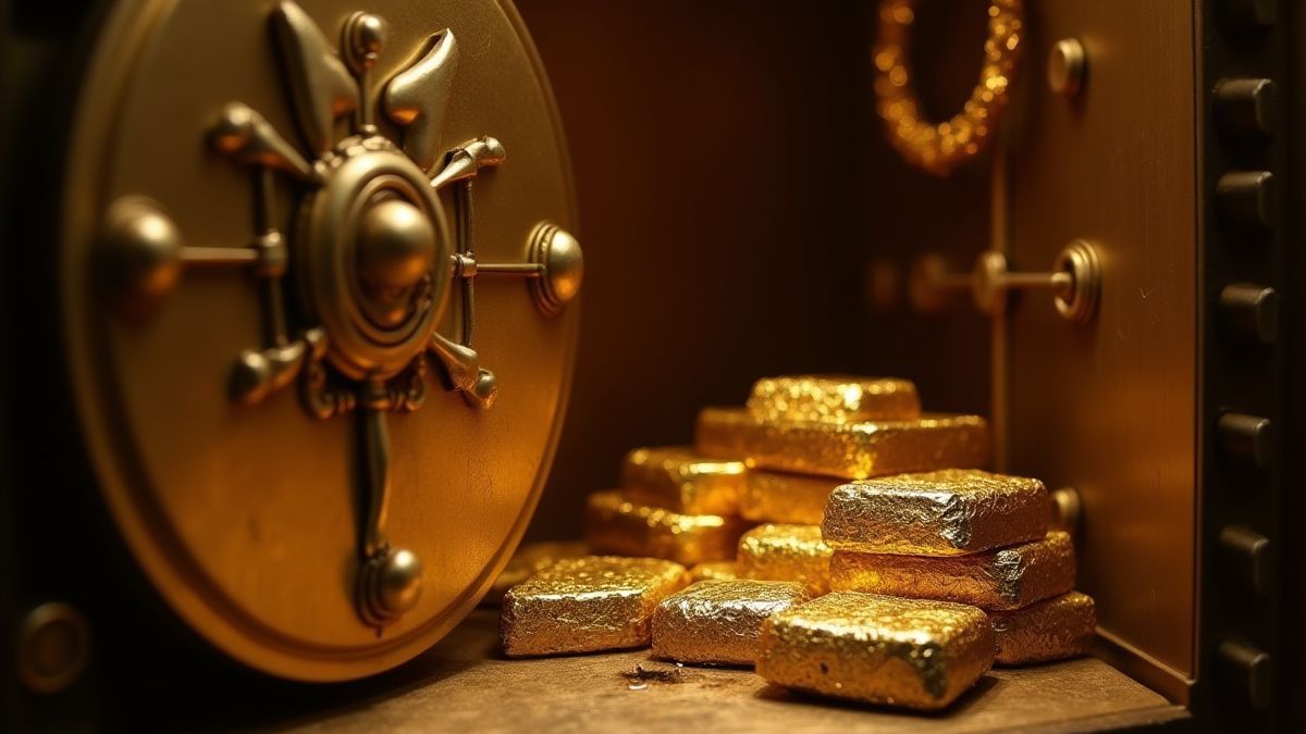 Gold bars and luxury items in a safe.