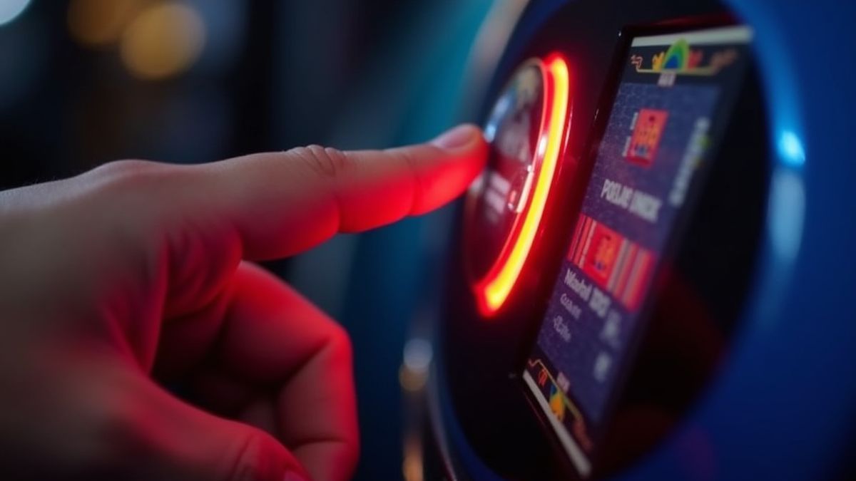 Hand pressing the spin button on a slot machine.