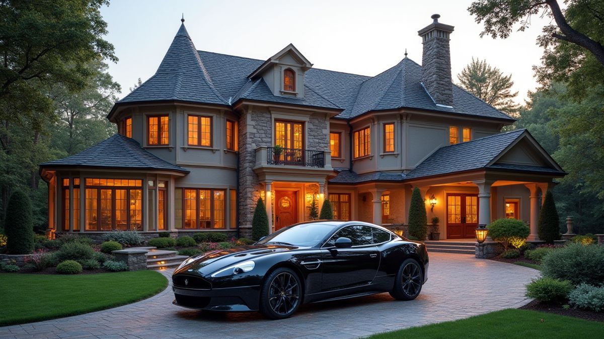 Luxurious mansion with a shiny car parked outside.