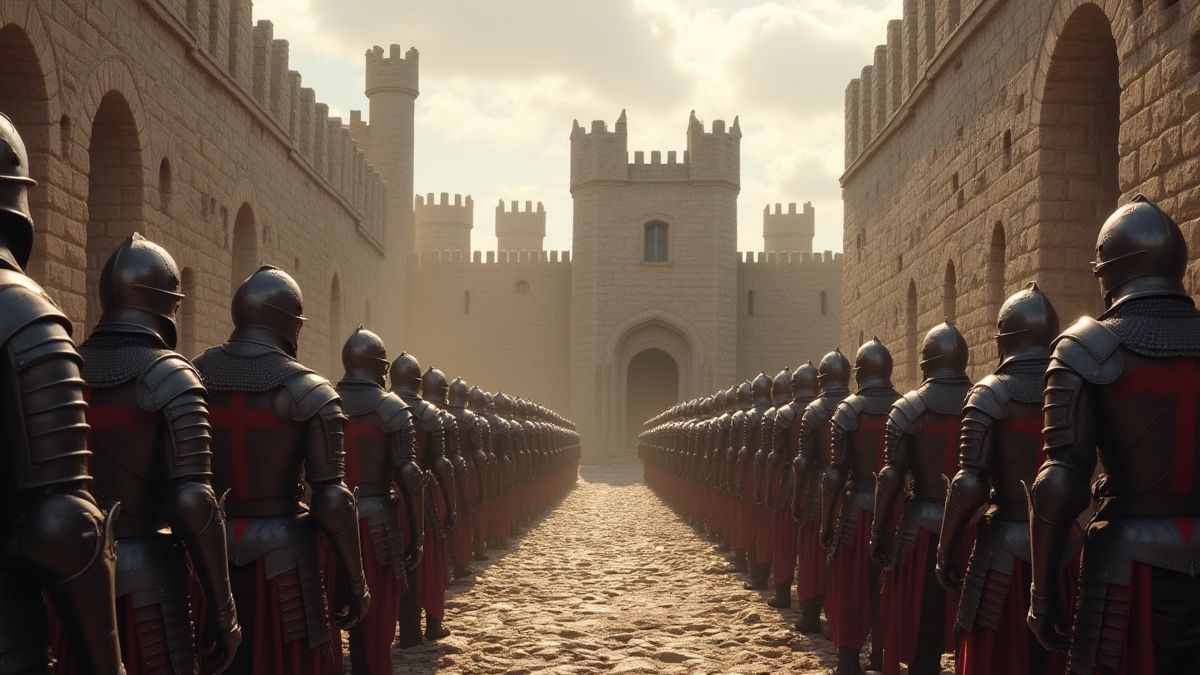 A medieval castle with knights preparing for absurd battles.