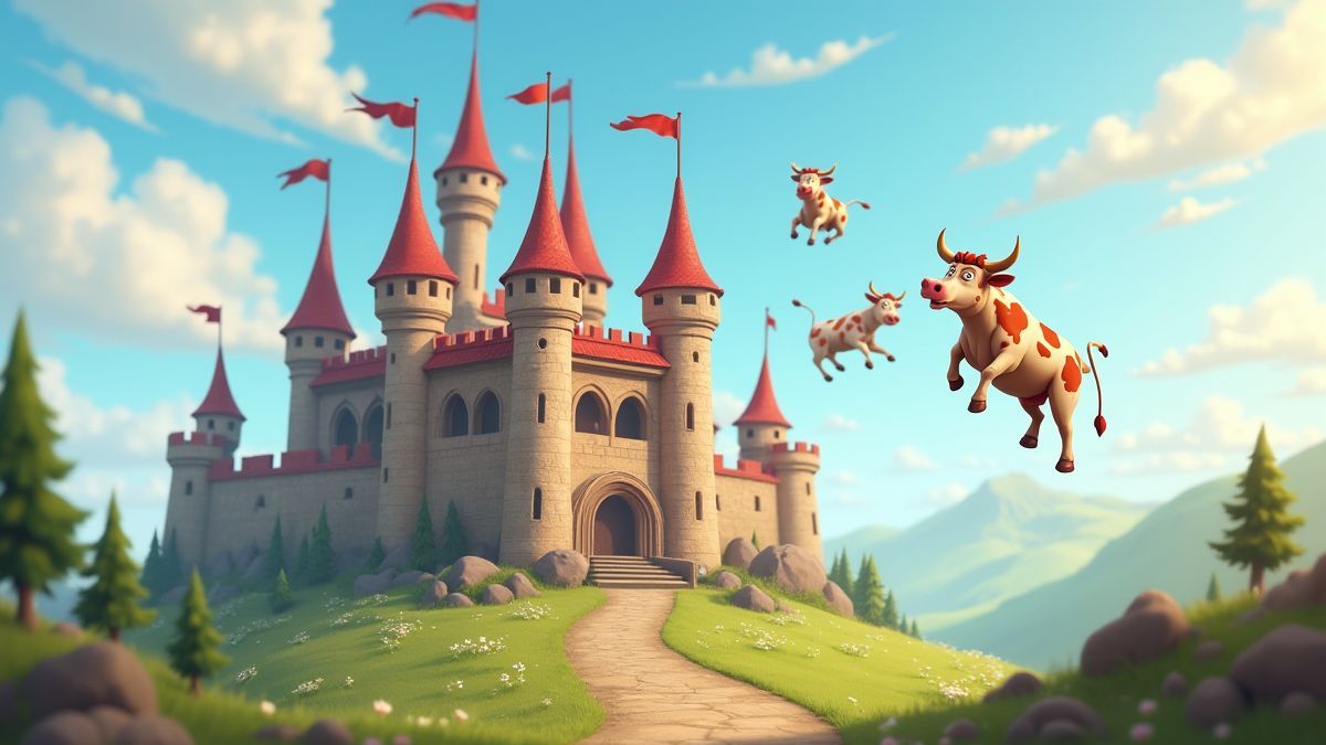Un château médiéval avec des vaches volantes animées