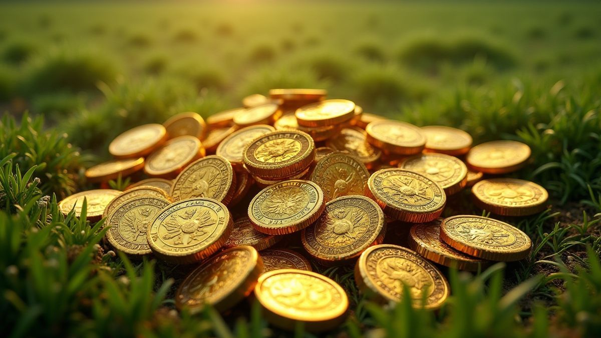 Pièces d'or et trésors médiévaux dans un champ verdoyant